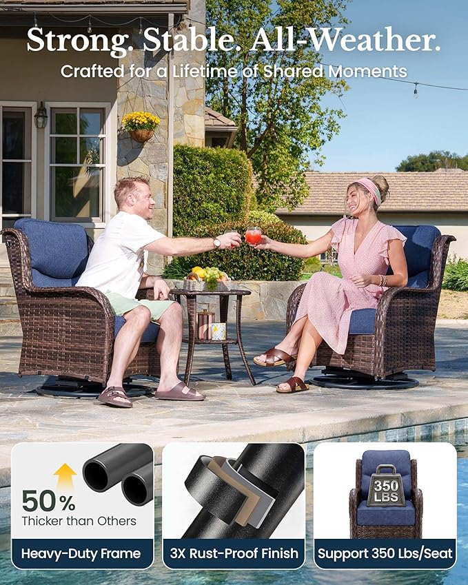 HILLGA 6-Piece Luxury Patio Furniture Set with 6" Thick Cushions, Weather-Resistant Wicker High Back Swivel Rocker Chairs, Senior-Friendly Conversation Set for Small Porch, Deck and Sunroom, Blue(V2)