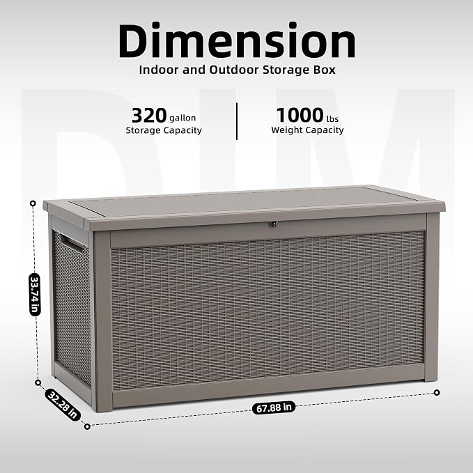 DRATO 320 Gallon Outdoor Storage Box Waterproof, Resin Large Deck Box for Patio Furniture Bench, Pool Garden Tools, Weatherproof Outside Storage Bin for Backyard Porch (Grey, 320 Gallon)