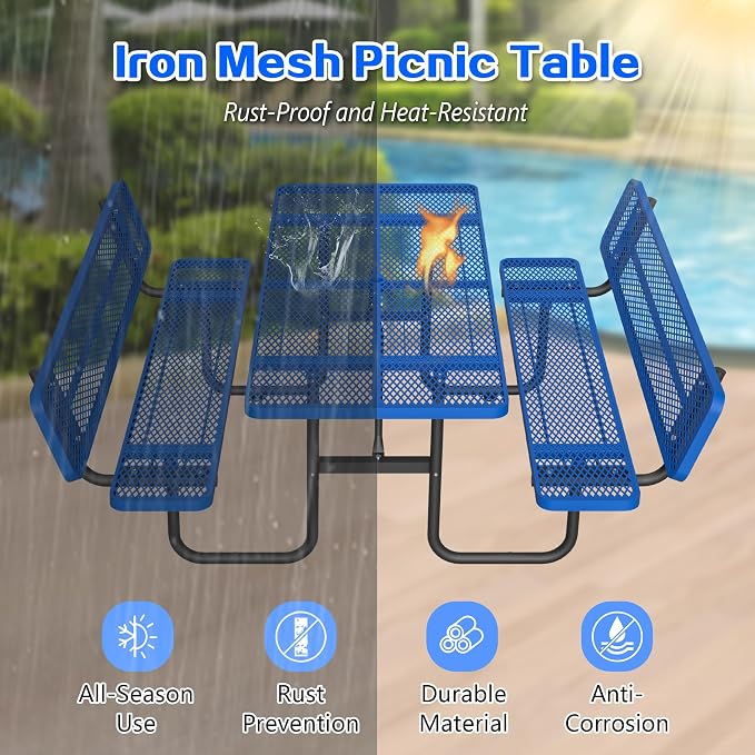 72" Heavy-Duty Iron Mesh Picnic Table Set with Backrest Blue | 1.73'' Umbrella Hole, Commercial-Grade Outdoor Table for Patio, Garden or Park–Rust-Resistant, Heat-Proof, All-Season Use