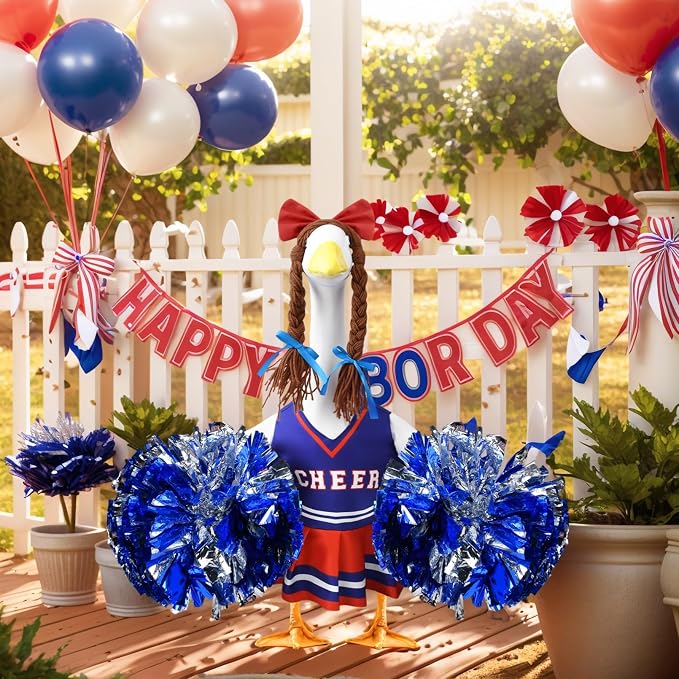Cheerleader Porch Goose Outfits, Red Blue Goose Outfits for 23 Inch Porch Goose, Funny Goose Clothes with Pom Poms, Festive Porch Goose Decor for Sports Season and Game Day