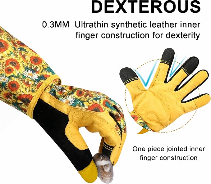 Thornproof Rose&Cactus Gardening Gloves,Gauntlet Garden Glove,Gifts | Canvas,Cute Floral Pattern,Leather Palm,Touchscreen,Durable Material,Garden Gift,Men&Women,Machine Washable,Adjustable Cuff