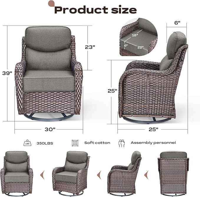 Rilyson Outdoor Swivel Rocker Chairs - All Weather Resistant Wicker Patio Furniture Set of 4 with High Back and 6 inch Thick Cushions for Deck Porch Yard and Poolside, Brown/Grey