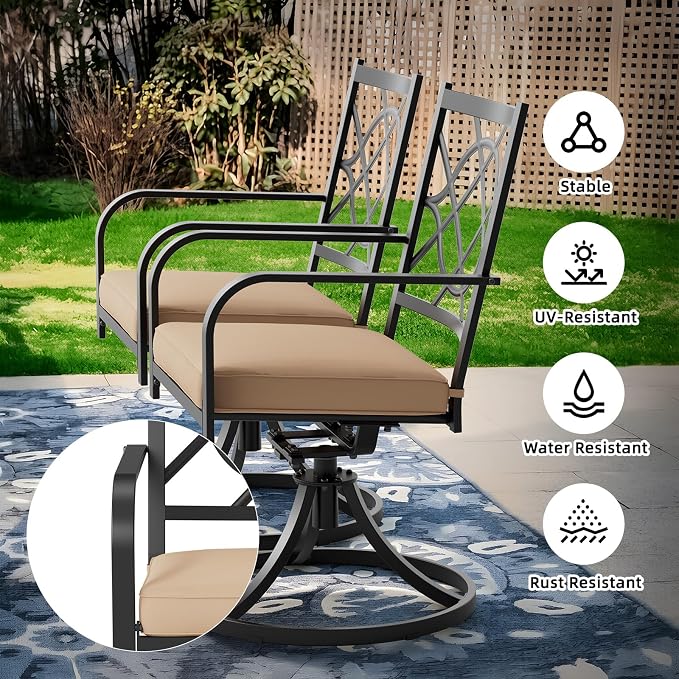 5 Piece Patio Dining Set Outdoor Furniture Set, Square Metal Patio Dining Table with Umbrella Hole & 4 Swivel Dining Chairs for Garden Lawn Yard