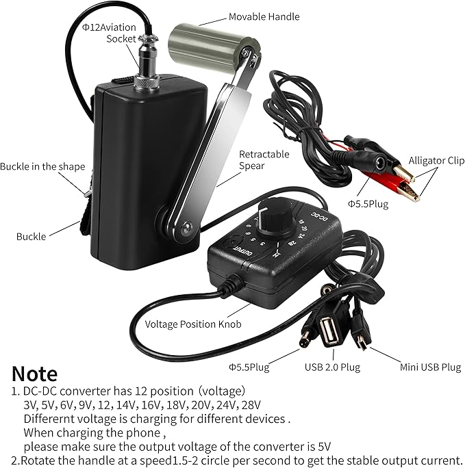 Hand Crank Generator High Power Charger for Outdoor Mobile Phone Computer Charging 30W / 0-28V with USB Plug (Black Generator + DC Regulator)