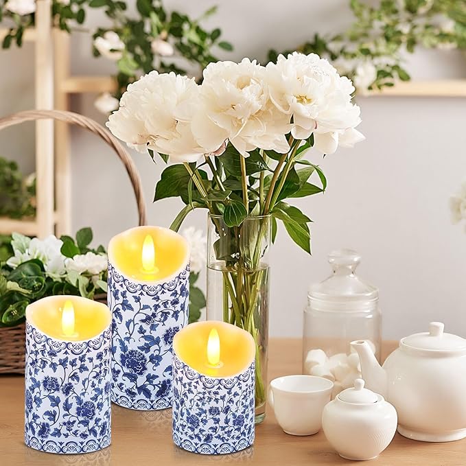Tujoe 3 Pcs Chinoiserie Flameless Candles Blue and White Battery Operated Candles Blue White Floral Printed Faux Candles with Remote Timer for Wedding Garden Festive Home Party Decoration