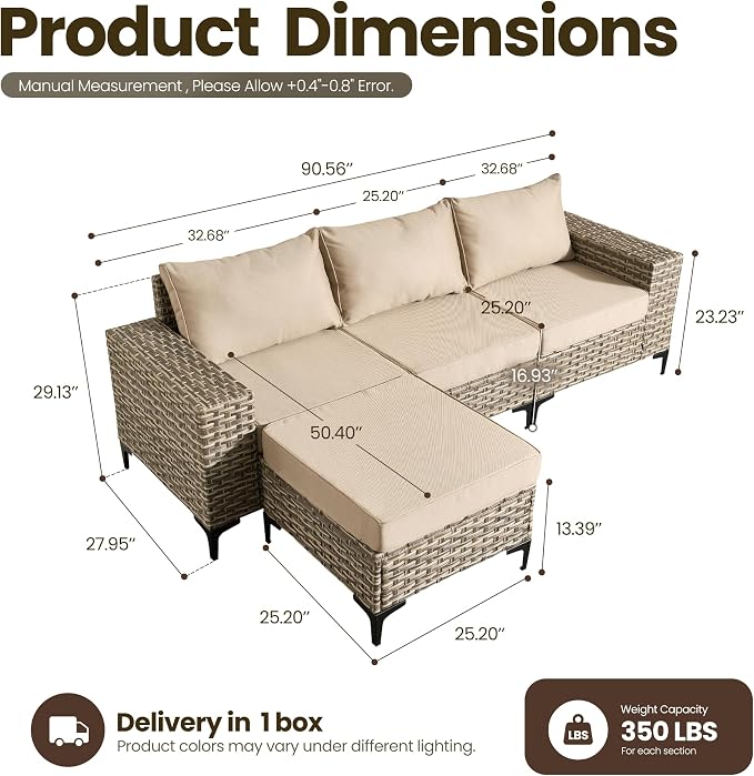 4-Piece Wicker Outdoor Sectional Furniture, Wide Armrest L-Shaped Patio Couch Set with Ottoman, Modern Modular Conversation Sets with Thick Cushion for Backyard Porch Balcony, Beige
