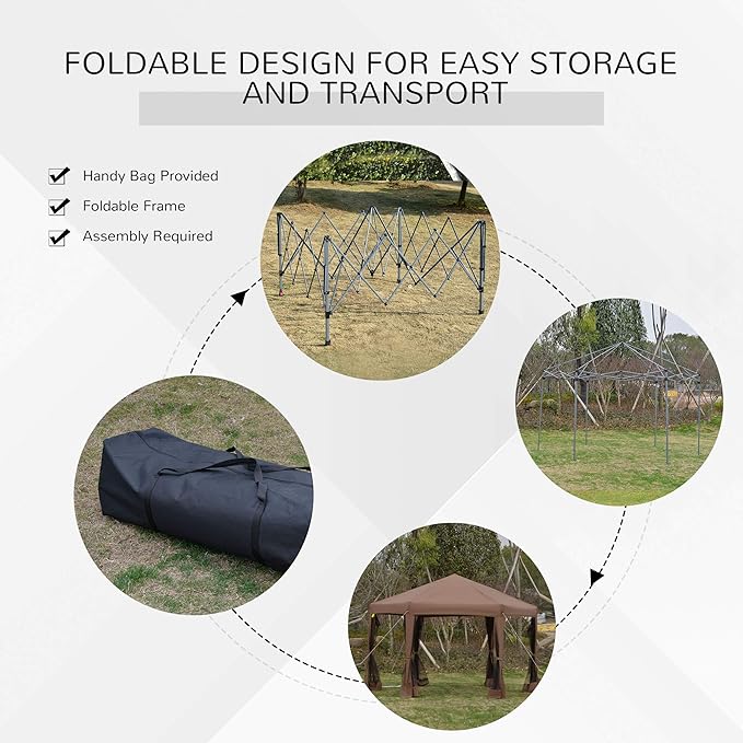 Outsunny 13' x 11' Hexagonal Pop Up Gazebo, Heavy Duty Outdoor Canopy Tent with 6 Mesh Sidewall Netting, 3-Level Adjustable Height and Strong Steel Frame, Brown