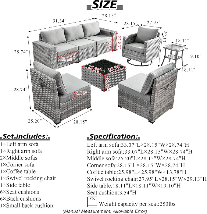 HOOOWOOO Outdoor Patio Sectional Furniture Sofa Set with Swivel Rocking Chair,8 Piece Modern Wicker Couch with Widened Armrest,Modular Conversation Seating Set for Garden(Dark Grey)
