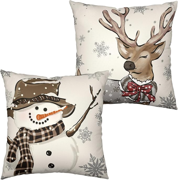 Christmas Pillow Covers 18x18 Set of 2 Brown Snowman Reindeer with Snowflakes Throw Pillow Covers Decorative Cotton Linen Cushion Case for Home Decor Couch Living Room