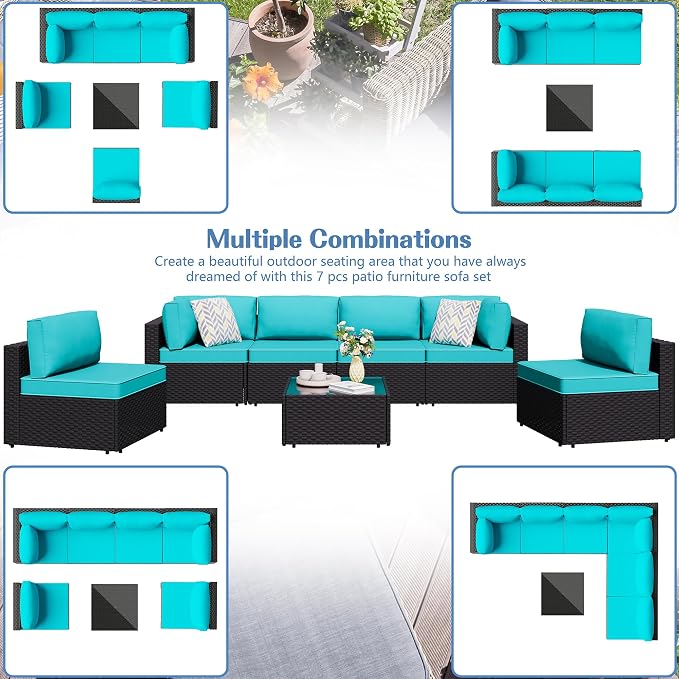Shintenchi 7 Pieces Outdoor Patio Sectional Sofa Couch,PE Wicker Furniture Conversation Sets with Washable Cushions & Glass Coffee Table for Garden, Poolside, Backyard (Blue)
