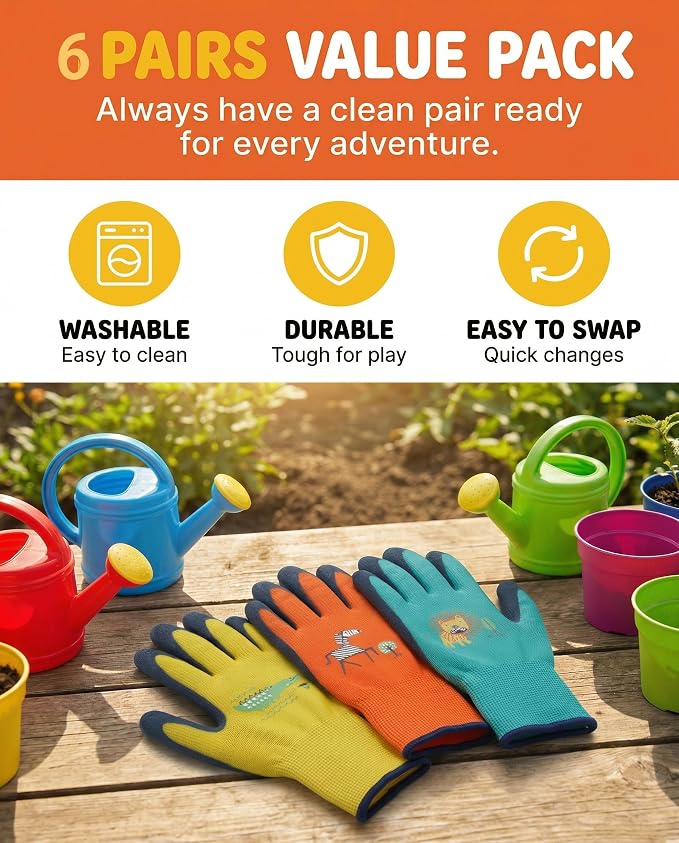 3/6 Pairs Kids Gardening Gloves, Skin-Friendly Rubber Coated Childrens Garden Gloves, Toddler Work Gloves Boys Girls
