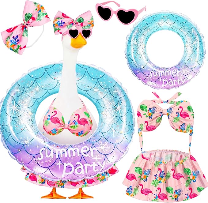 23 in Porch Goose Summer Outfit Bikini, Hawaiian Porch Goose Swimsuit Clothes Costume Accessories with Bow Glasses Swim Ring for 23" Summer Goose Garden Patio Statue Decor (Blue Flamingos)