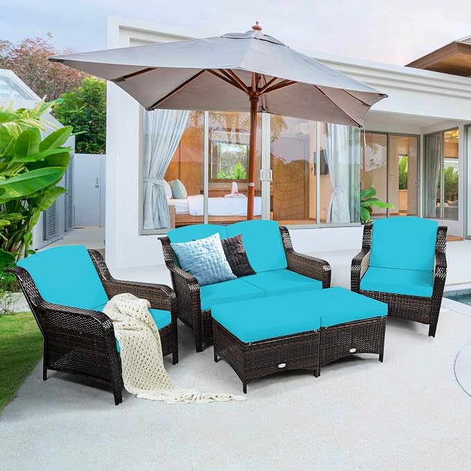 COSTWAY 5PCS Patio Wicker Rattan Furniture Set, Loveseat Sofa with Ottomans and Cushioned Chairs, Conversation Sets for Outdoor Garden Backyard