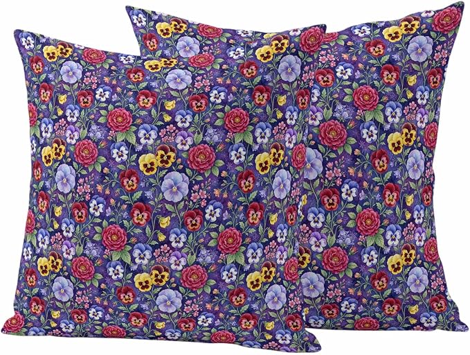 Pansies Roses Outdoor Pillow Covers 16"x16" Set of 2, Garden Flowers Floral Botanical Purple Waterproof Throw Pillow Covers for Patio Furniture, Decorative Cushion Covers for Porch
