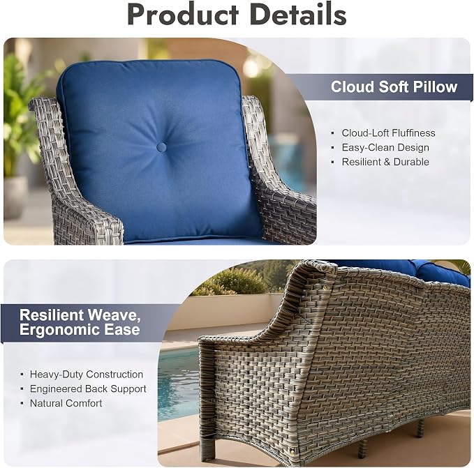 6 PCS Patio Furniture Set, Deep Seat High Back Outdoor Conversation Set with Ottomans, Wicker Outside Furniture with Solar Light Coffee Table for Porch Backyard Balcony, Sunroom, Navy Blue