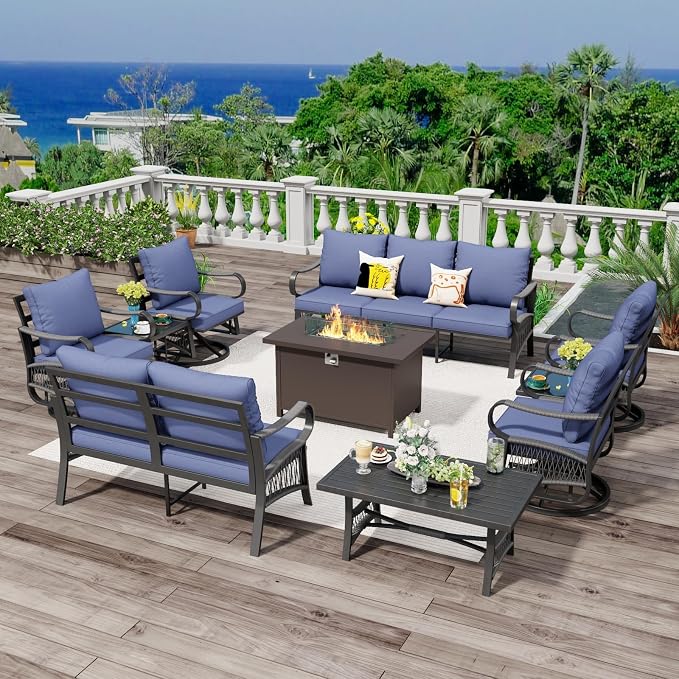 10 Piece Patio Furniture Set, All Weather Metal Outdoor Conversation Set with 50000 BTU Propane Fire Pit Table and 5" Thick Cushions, Sectional Sofa for Garden, Porch, Lawn, Blue