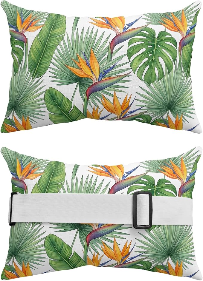 Outdoor Chair Pillow Headrest for Patio Pool Chaise Lounge, Summer Tropical Plants Recliner Head Pillow, Watercolor Palm Leaves Green Waterproof Pillowcases Neck Lumbar Pillows & Insert 11x16x2pcs