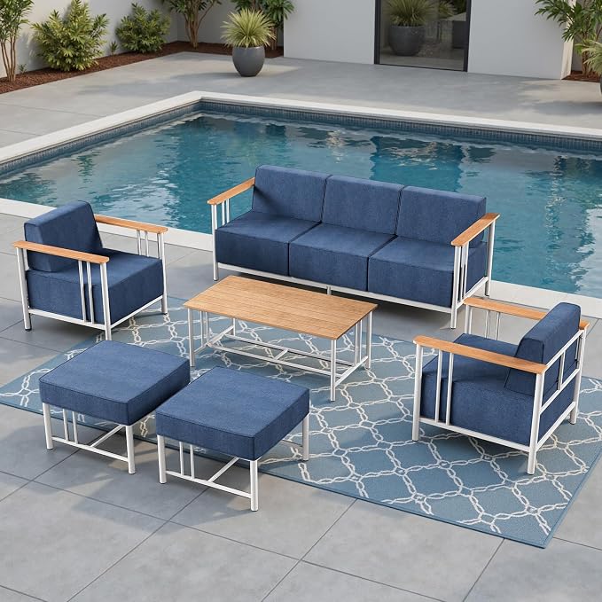 Luxury Patio Furniture Set with 10" Extra Thick Cushions, 6 PCS Outdoor Furniture Set with Patio Chairs & Couch & Coffee Table, Suitable for Porch, Balcony, Deck, Yard, Poolside, White/Blue