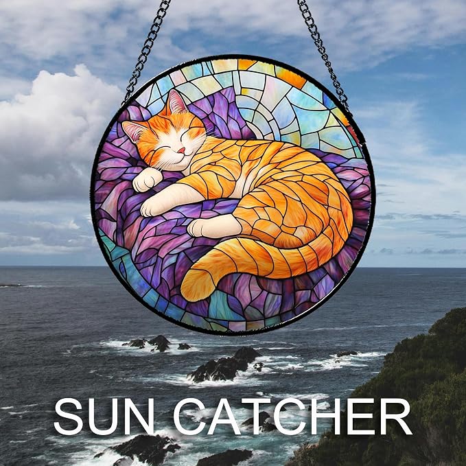 Stained Glass Window Hanging Sleeping Orange Cat 9.8" - Memorial Gift Suncatcher Door Sun Catcher Decor Birthday Christmas for Lost Pets Mom Men Woman Friend