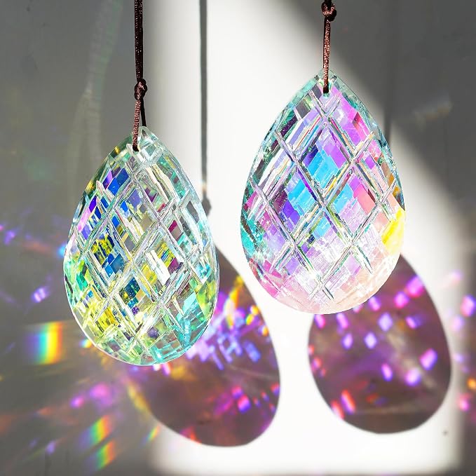 Set 2 Crystal Sun Catcher Prisms Pendant for Window Hanging Decor,3inch | AB Colored,Crystal Suncatchers,Rainbow Maker,Light Catcher For Home Indoor Garden Christmas Tree Ornament,Gift FOr Women