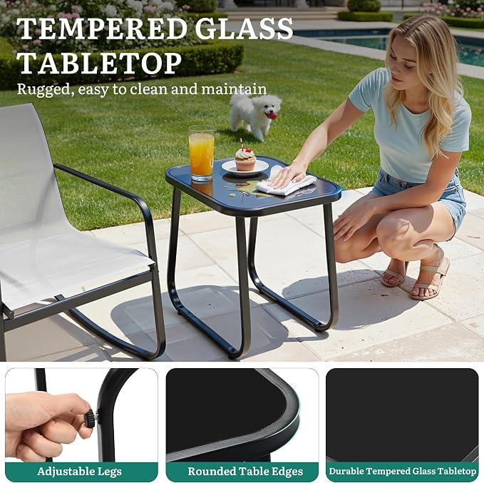 DWVO 3 Piece Patio Furniture Set, Durable Textilene Patio Set with Rocking Chairs Set of 2 & Tempered Glass Table for Garden, Balcony & Poolside, Grey