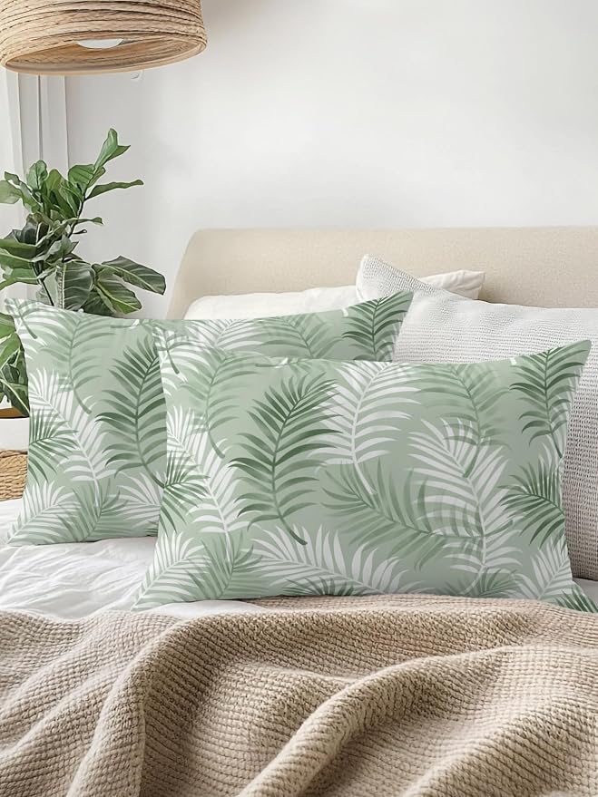 Waterproof Outdoor Pillow Set of 2 Green Tropical Palm Leaves Decorative Throw Pillows Cover & Insert 20x12 Inch Lumbar Pillowcase Summer Jungle Foliage Pillows for Couch Sofa Bed Patio Furniture