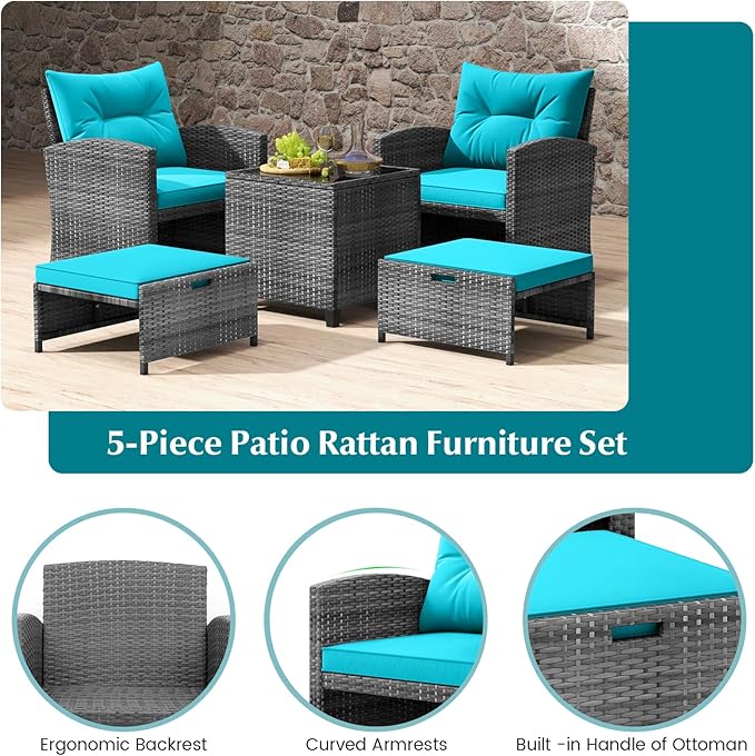 Tangkula 5 Pieces Patio Conversation Set, PE Wicker Rattan Outdoor Furniture Set with 2 Chairs, 2 Ottomans & Tempered Glass Coffee Table, Ideal for Poolside, Backyard, Lawn, Deck, Mix Grey & Turquoise