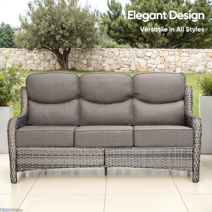 Swivel Patio Chairs sofa Set of 4 with 6" Thick Cushion - Wicker Outdoor Swivel Rocker Patio Chair ,Sofa/Glass coffee table, High Back Comfortable Outdoor Glider Chairs - Grey Wicker | Grey Cushions