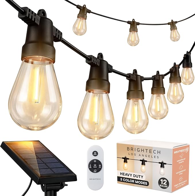 Brightech Ambience Pro 27-Ft Solar String Lights for Outside - Super Bright Remote Control Color Adjustable Outdoor String Light - Commercial Grade String, Waterproof LED for Patios, Camping, 12 Bulbs
