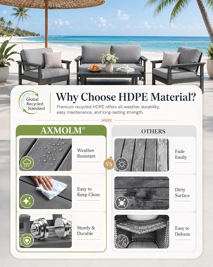 HDPE Outdoor Patio Furniture Set with Cushions, 10 Piece Patio Conversation Set Sofa Set,All Weather Outdoor Couch Set with Coffee Table for Lawn, Garden, Deck