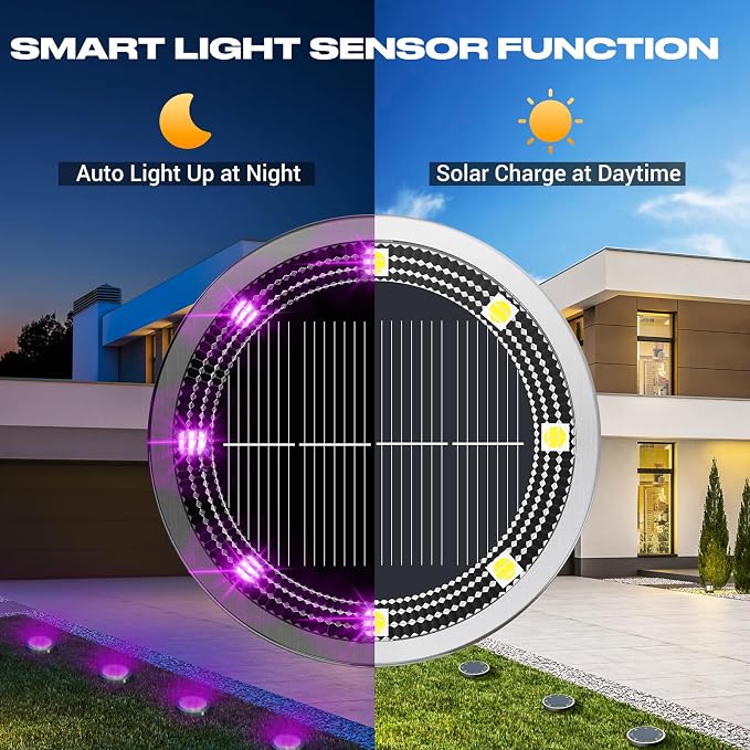 Solar Ground Lights Outdoor, 12 Pack Flat Solar Powered Disc Lights, IP68 Waterproof, Anti-Rust, Landscape Lighting for Pathway Garden Yard Lawn Walkway Landscape Driveway, Purple
