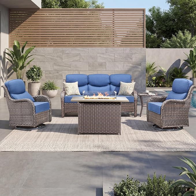Luxury Patio Furniture Set with 6-inch Thick Cushion, Outdoor Furniture with Fire Pit Table, Swivel Chairs, Side Table, Sofa, 5pcs Wicker Conversation Set for Deck Yard (Brown Wicker | Blue Cushion)