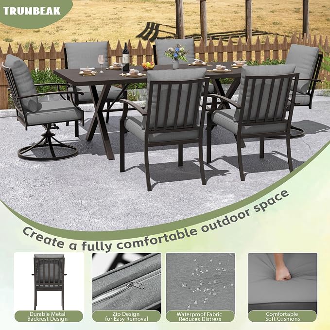 7-Piece Patio Dining Set Outdoor Conversation Set,Metal Outdoor Furniture Set with Umbrella Hole Cut-Out 78.7" x 35.4" Table and 6 Metal Chairs for Backyard,Garden,Grey