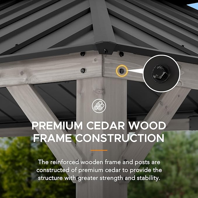 Sunjoy 12 x 20 ft. Wood Gazebo, Outdoor Patio Steel Hardtop Gazebo, Cedar Framed Wooden Gazebo with 2-Tier Metal Roof, Suitable for Patios, Lawn and Backyard, Matte Black Roof + Gray Wood Frame