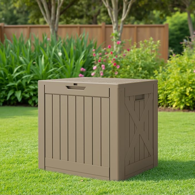 JUMMICO 42 Gallon Deck Box Waterproof, Resin Outdoor Storage Box with Side Handles, Outdoor Storage Benches Lockable for Patio Cushions and Garden Tools (Light Brown)
