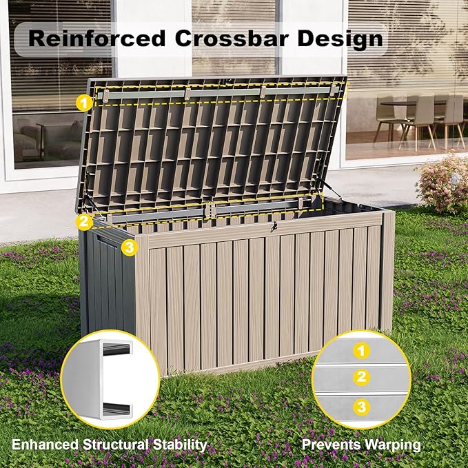Vixzen 180 GallonOutdoor Storage Box Waterproof, Large Lockable Resin Deck Box with lid for Patio Furniture Cushions, Weatherproof Storage Boxes for Garden Tools & Pool Accessories(Grey, 180 Gallon)