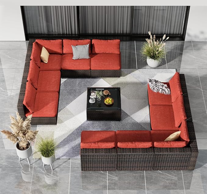 11 Piece Patio Furniture Set All Weather PE Rattan Outdoor Sectional Sofa Couch with No-Slip Cushions and Glass Top Table for Garden, Poolside, Backyard (Red)