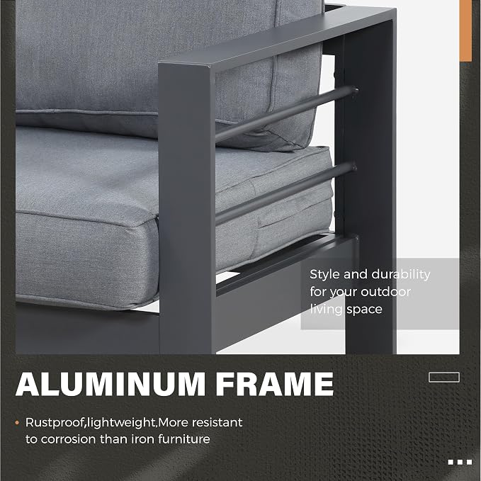 Solaste Outdoor Aluminum Furniture Set - 4 Pieces Patio Sectional Chat Sofa Conversation Set with Tempered Glass Table top Coffee Table,Grey
