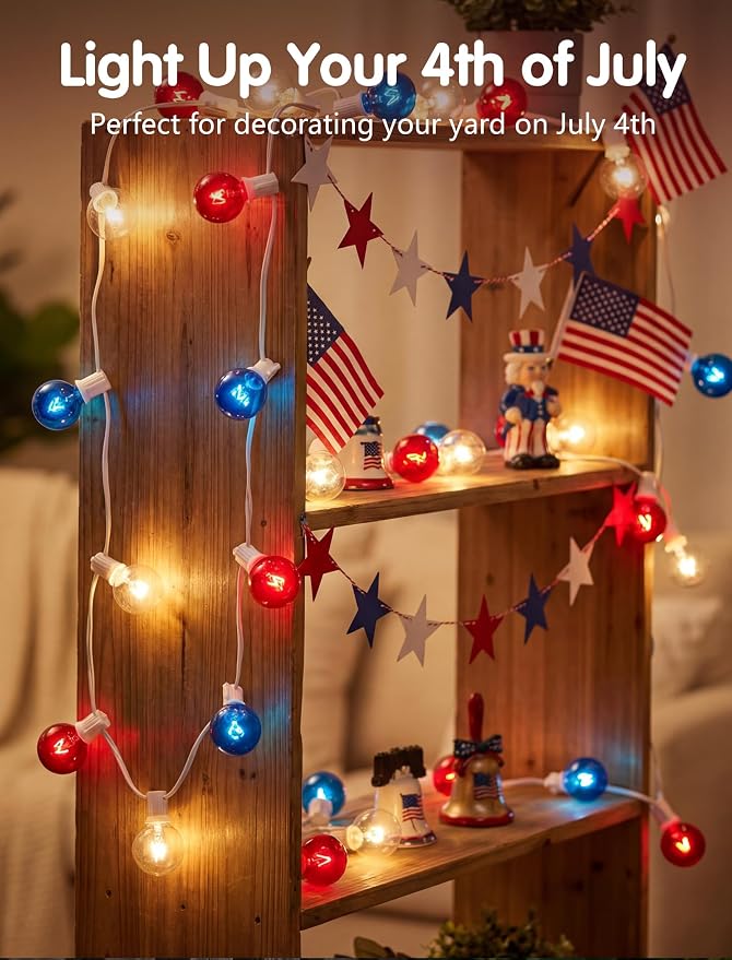 SUNSGNE 4th of July Decorations Outdoor Connectable String Lights with Waterproof Red White and Blue G40 Bulbs, 25 Feet for Garden Patio Patriotic Independence Day Theme Holiday Decor