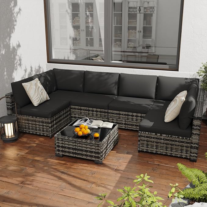 KIGOTY 7-Piece Patio Furniture Set, All-Weather PE Rattan Outdoor Sectional Sofa, Modular Wicker Conversation Set with Thick Cushions & Easy-Clean Coffee Table（Beige Black/Black）