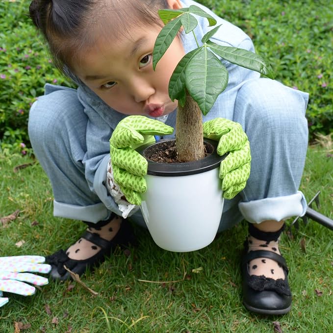 HANDLANDY 2 Pairs Kids Gardening Gloves, Cotton Kids Work Gloves, Green, S | Girls Boys Children Garden Yard Work Play Cycling Gloves with Knit Wrist, Cute Pattern, Gift