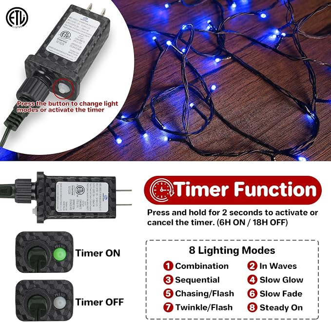 FairyGlim Christmas String Lights Plug in,33FT 100 LED String Lights with 8 Modes & Timer, Xmas Decorations for Trees Wreath, Outdoor Indoor Yard Garden Party Decor, Blue