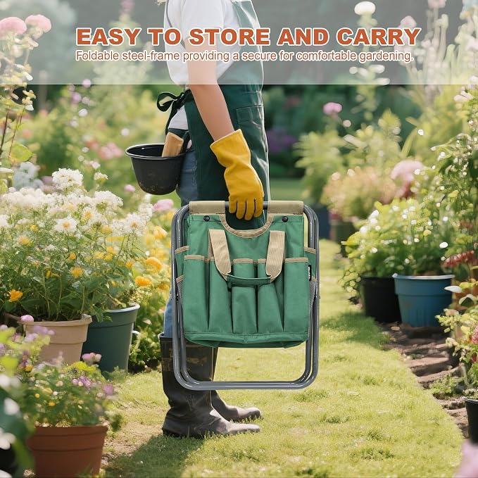 MDSTOP Folding Gardening Stool with Detachable Storage Tote Bag, Gardening Tools Set Organizer for Fishing Outdoor Sports Hiking Camping Garden, Gardening Gifts for Mom/Dad and Gardeners