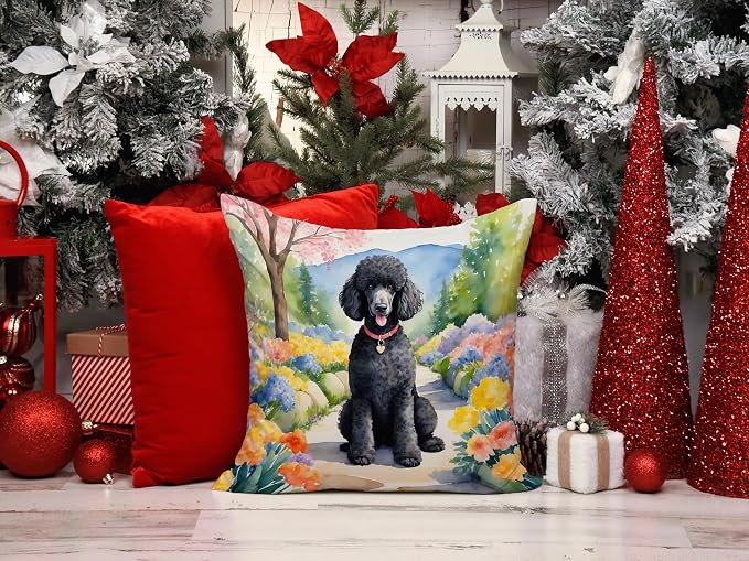 Caroline's Treasures Black Poodle Spring Path Throw Pillow Machine Washable, Indoor Outdoor Decorative Pillow for Couch, Bed or Patio, 14Hx14W