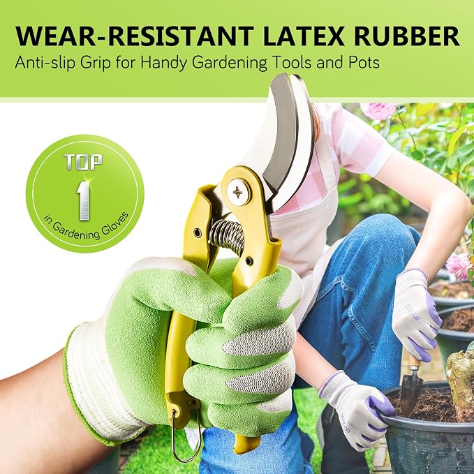 COOLJOB 2 Pairs Gardening Gloves for Women Ladies, Breathable Rubber Coated for Yard Garden, Outdoor Indoor Protective Work, Medium Size, Lavender Purple & Apple Green | Purple & Green, Textured Latex Palm, Breathable Polyester Liner, Flexible Fit, Mac...