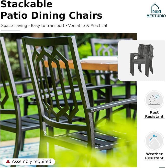 MFSTUDIO Round Patio Table and Chairs Set, Outdoor Dining Set for 6 with Umbrella Hole, Metal Patio Furniture Dining Set for Deck Backyard Poolside Garden