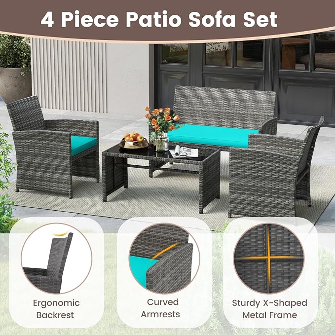 HAPPYGRILL 4 Piece Rattan Wicker Patio Conversation Set, Outdoor Furniture with Chair Loveseat Table & Cushion, for Backyard Porch Balcony (1, Turquoise)