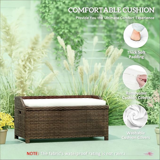 2-in-1 Outdoor Wicker Storage Bench & Outdoor Storage Box with Gas Struts- 34 Gallon Water-Resistant Deck Box,Splash-Proof Cushion & Removable Cover.Deep Coffee Rattan,Patio Storage Cabinet Solution