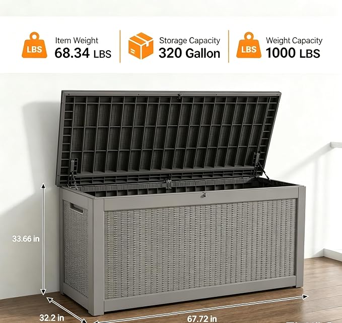 LAUSAINT HOME 320 Gallon Outdoor Storage Box, Package Delivery Box with Lockable Lid, Deck Box Outdoor Waterproof For Garden Tools, Patio Cushions(320 Gallon,Grey)