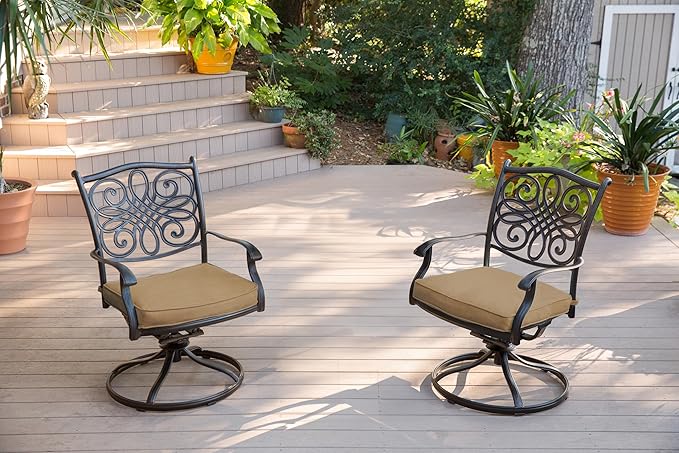 Hanover Traditions 7-Piece Patio Dining Set with 6 Swivel Rocker Chairs, Tan Cushions and Large 38"x72" Dining Table, Outdoor Dining Set for 6, Premium Weather Resistant Patio Furniture